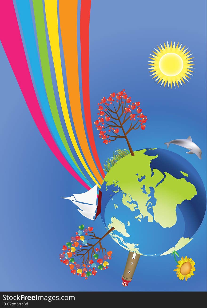 Ecological planet with sun and rainbow. Ecological planet with sun and rainbow