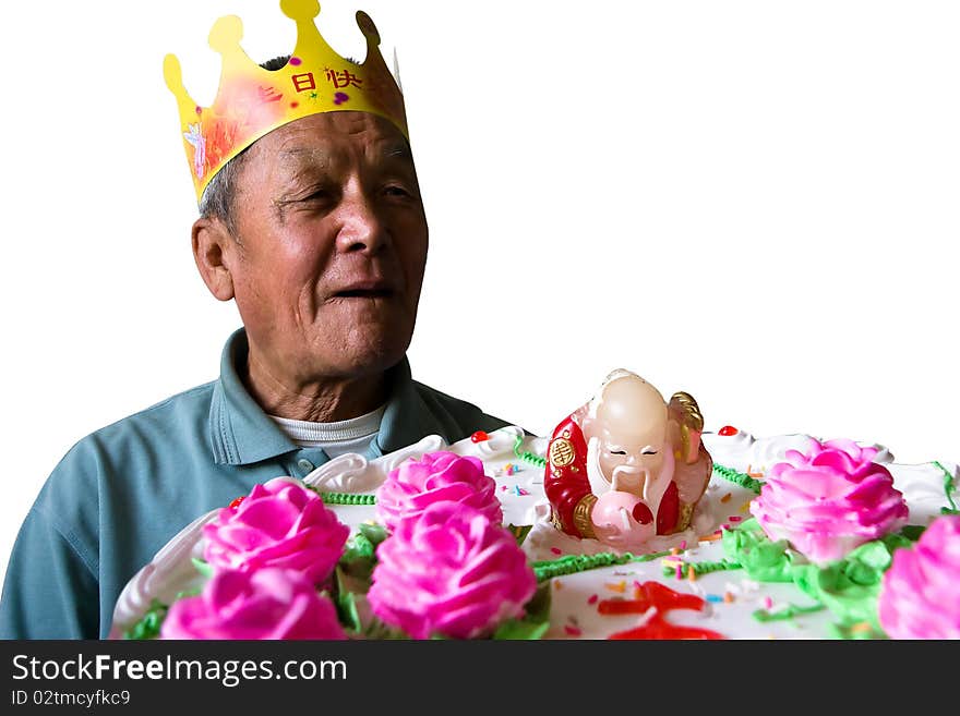 An old man's birth with birthday cake. An old man's birth with birthday cake