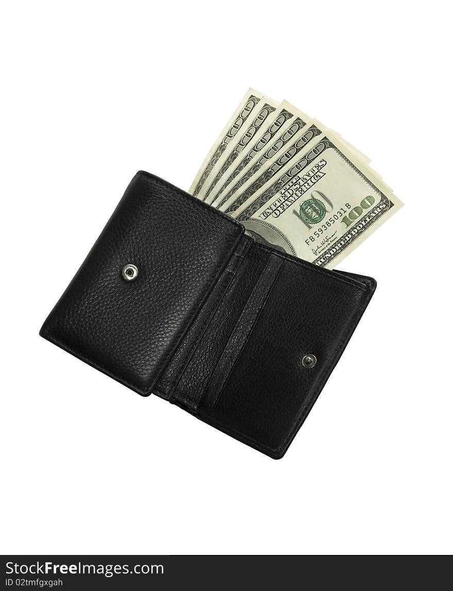 Black wallet on a white background with the isolation sticking in denominations of 100 Dolar. Black wallet on a white background with the isolation sticking in denominations of 100 Dolar