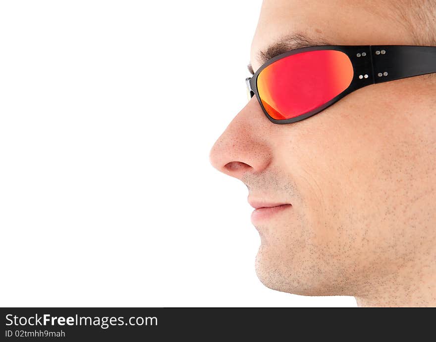 Closeup man in sunglasses isolated on white baciground