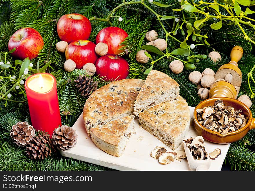 Still life of special Christmas mushroom pastry