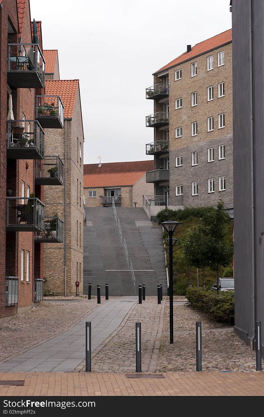 Residential district with steps in Danish town Soenderborg.