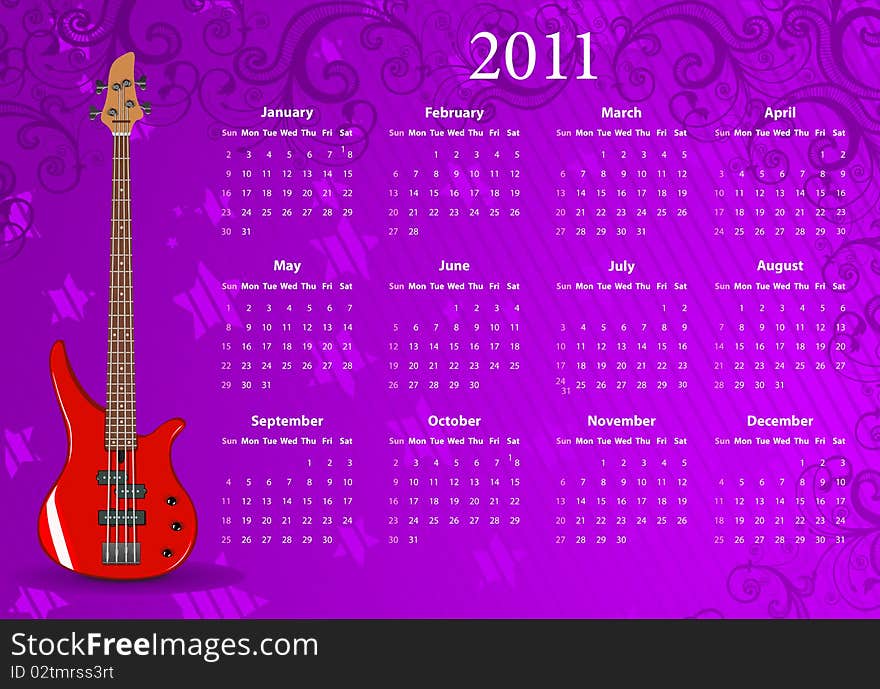 Vector American calendar 2011 with bass guitar, starting from Sundays