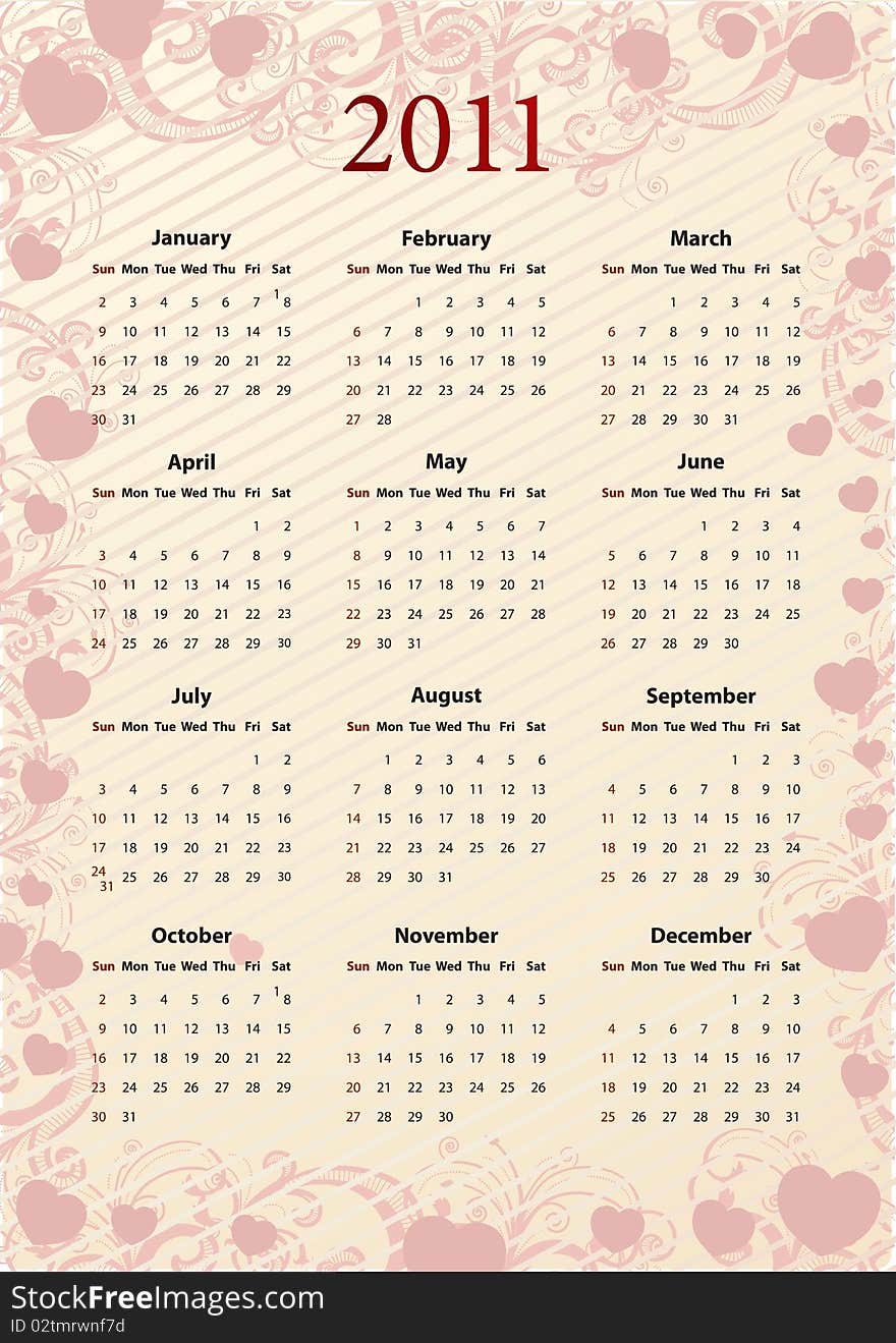 American Vector pink floral calendar 2011 with hearts, starting from Sundays. American Vector pink floral calendar 2011 with hearts, starting from Sundays