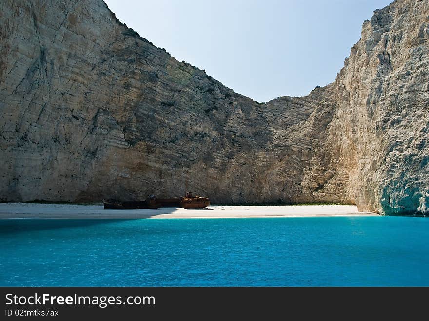 Navagio Beach, or the Shipwreck Bay, an isolated sandy cove on Zakynthos Island - one of the most famous beaches in Greece.