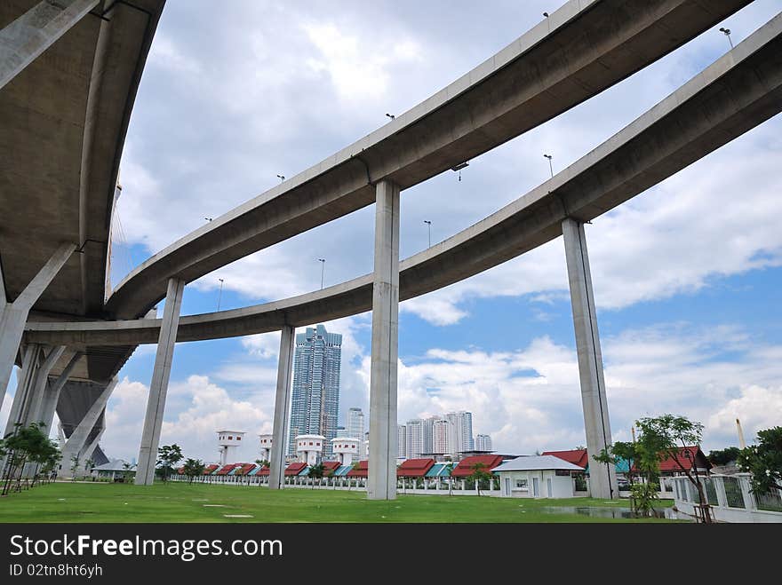 Curve of the suspension bridge with brighten sky view