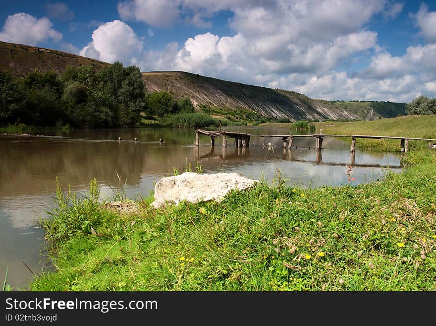 Picturesque landscape with river, o