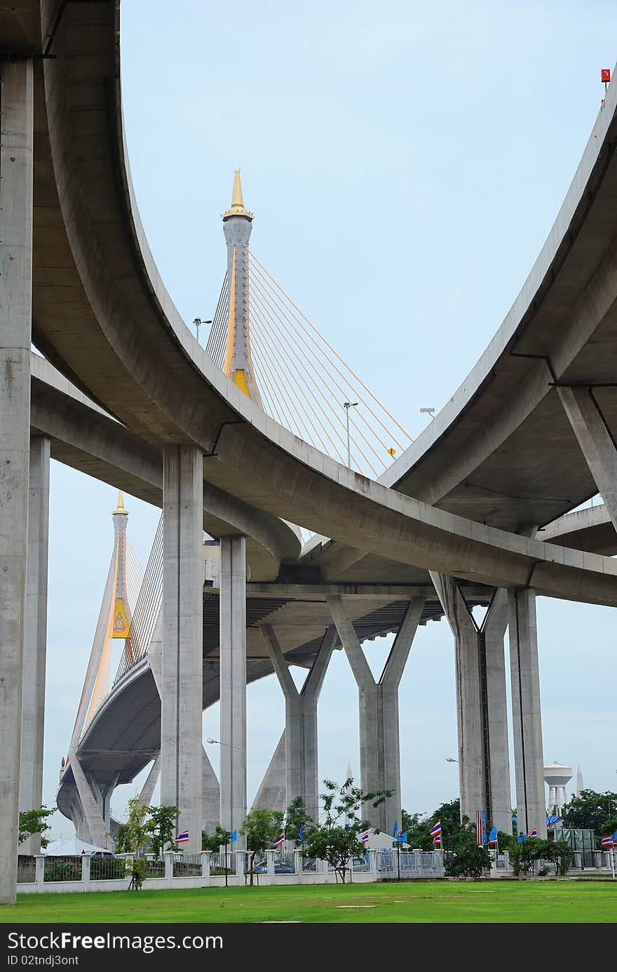 Curve of the suspension bridge with brighten sky view