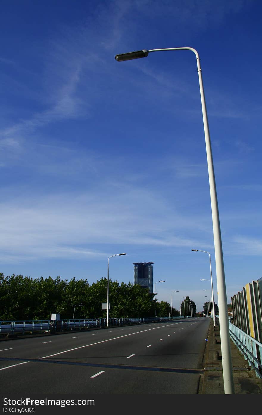 Lighted road on a bridge in the hague. Lighted road on a bridge in the hague