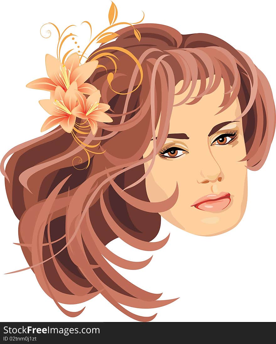 Portrait of beautiful woman with bouquet of lilies in hair. Illustration. Portrait of beautiful woman with bouquet of lilies in hair. Illustration