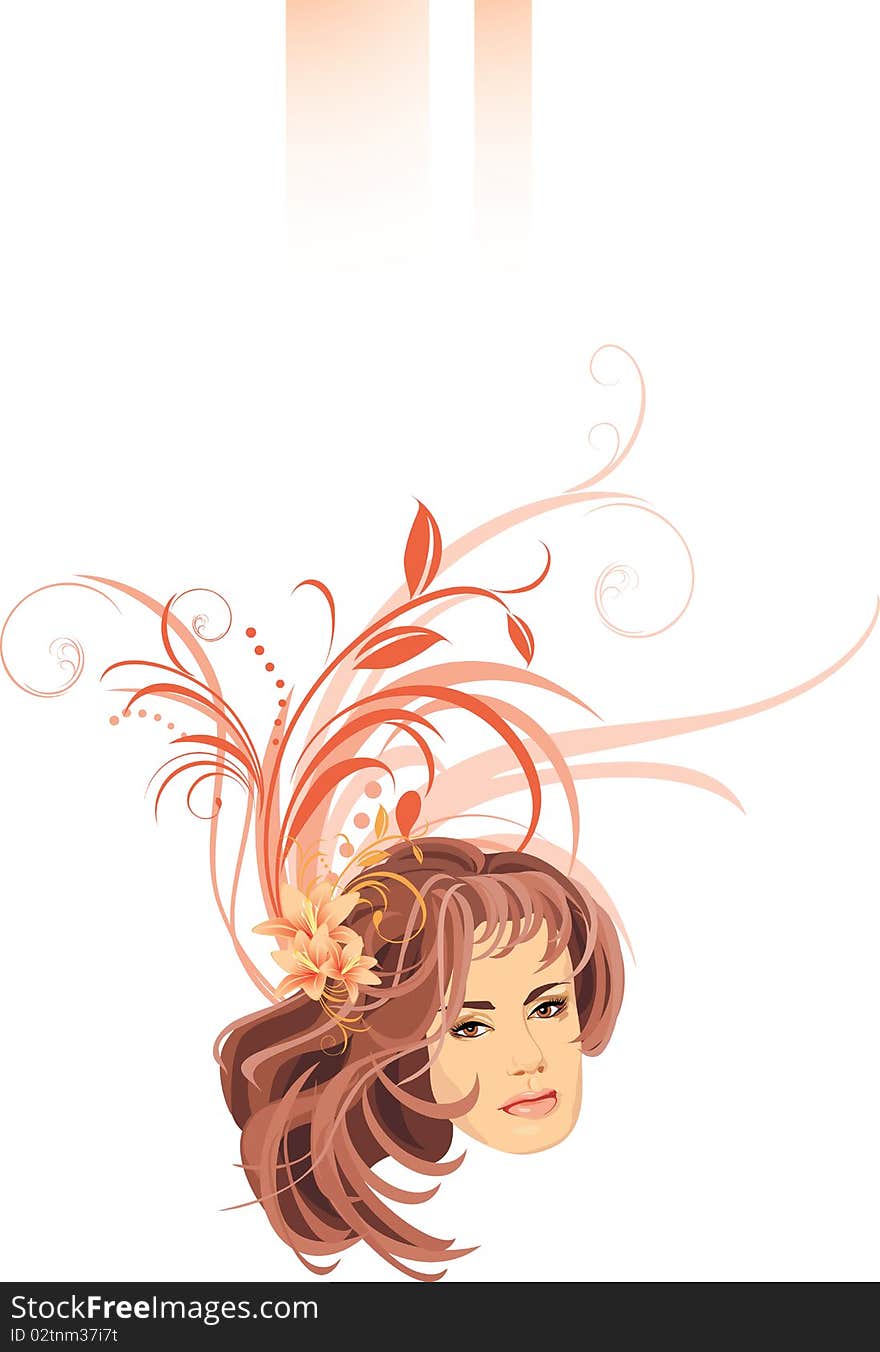 Portrait of beautiful woman with bouquet of lilies in hair. Banner. Illustration. Portrait of beautiful woman with bouquet of lilies in hair. Banner. Illustration