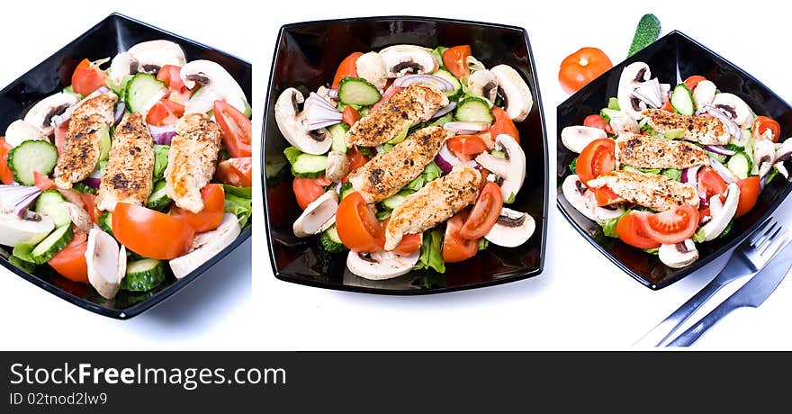 Chicken salad in a black bowl, several angles