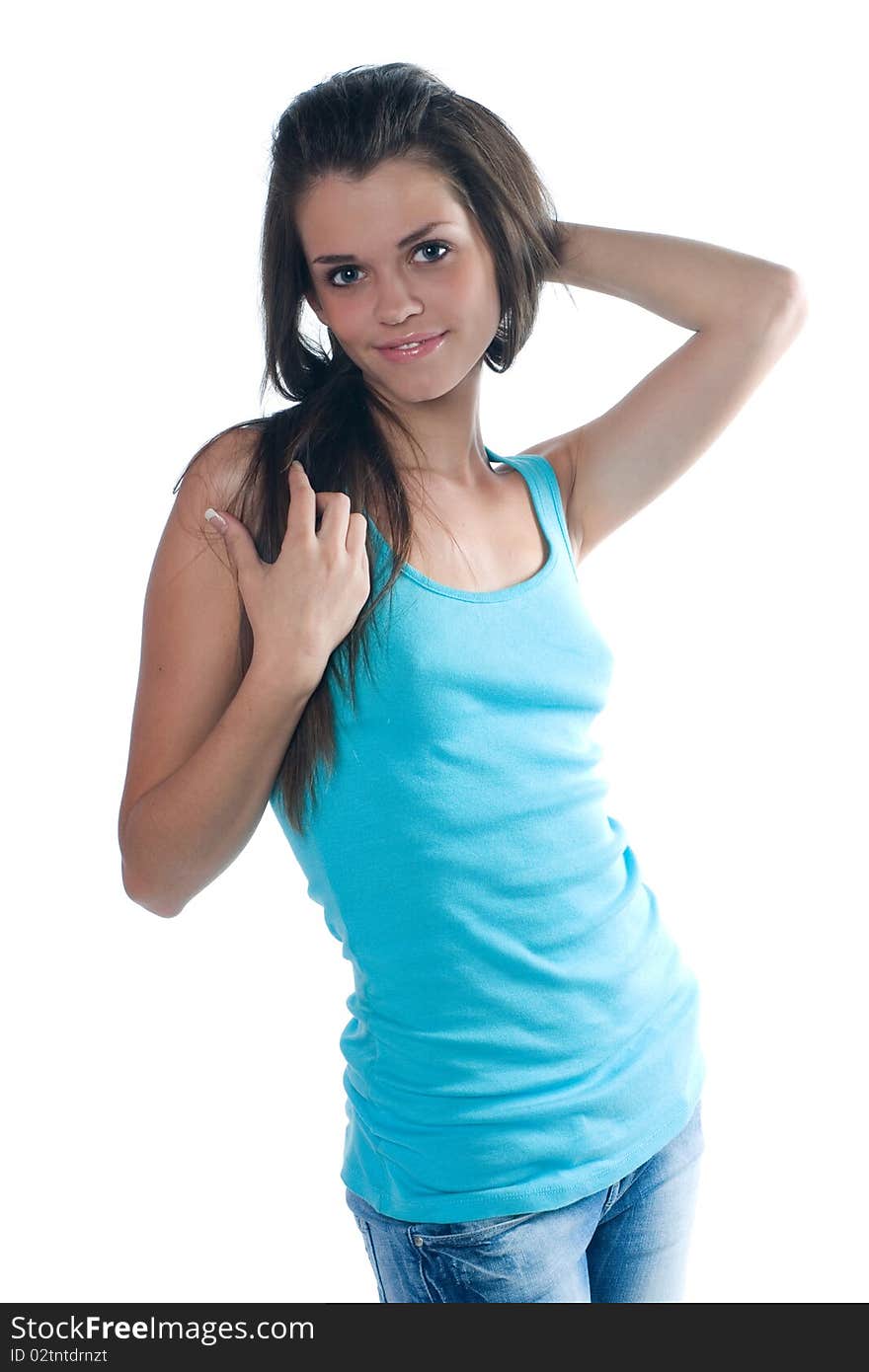 The beautiful girl with long hair it is isolated on a white background. The beautiful girl with long hair it is isolated on a white background