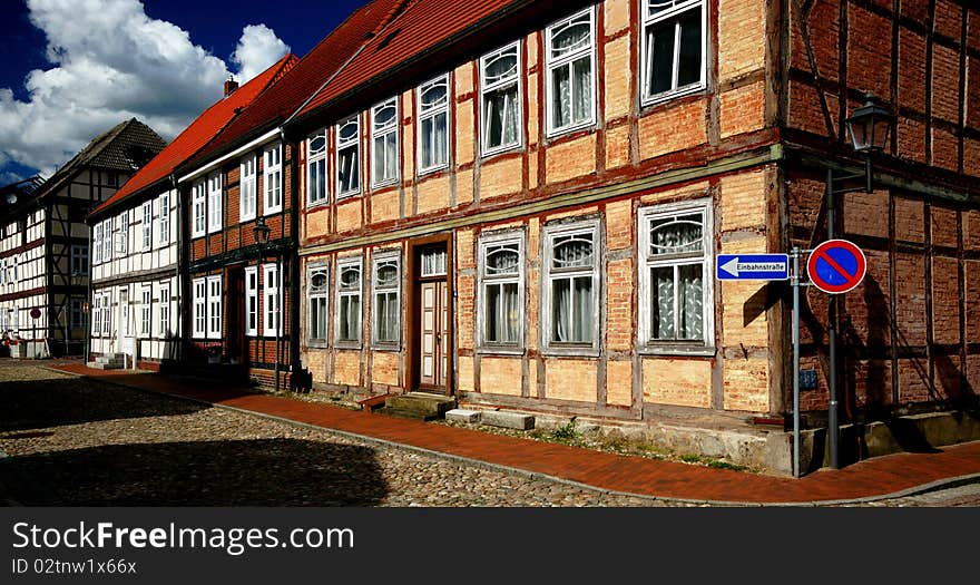 A row of old houses in the East German town of Doemitz show the German timber-frame style. A row of old houses in the East German town of Doemitz show the German timber-frame style.