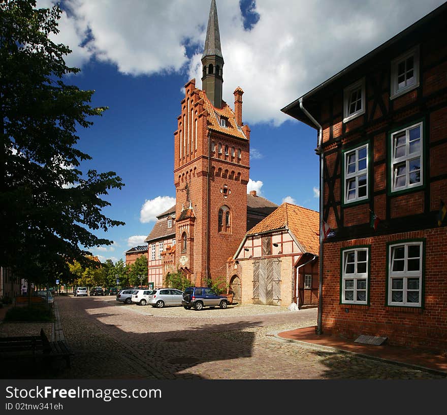 The town hall of the East German town of Doemitz, Mecklenburg-Vorpommern, is built in the neo-gothic brick style. The town hall of the East German town of Doemitz, Mecklenburg-Vorpommern, is built in the neo-gothic brick style.