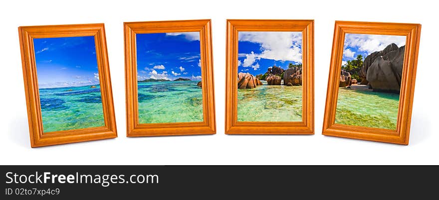 Panorama of tropical beach in frames isolated on white background