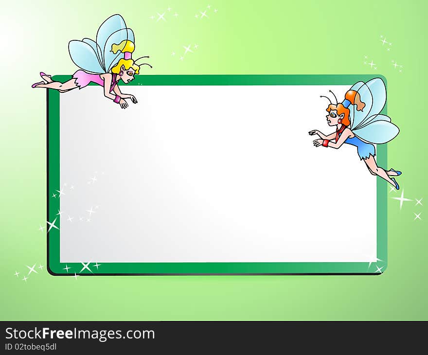 Green and pink fairy flying while holding green frame blank board. Green and pink fairy flying while holding green frame blank board