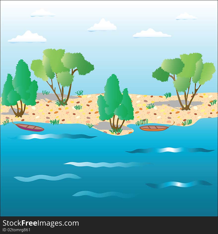 In the summer at river coast. Vector illustration