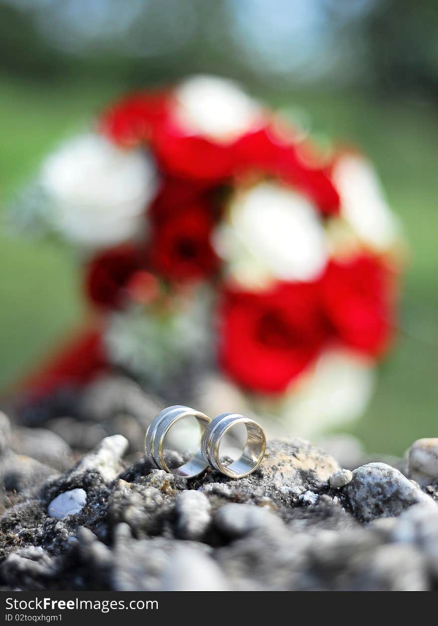 Bouquet with roses for the bride and rings. Bouquet with roses for the bride and rings