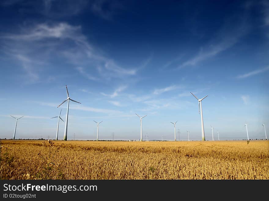 View of wind turbines farm. View of wind turbines farm