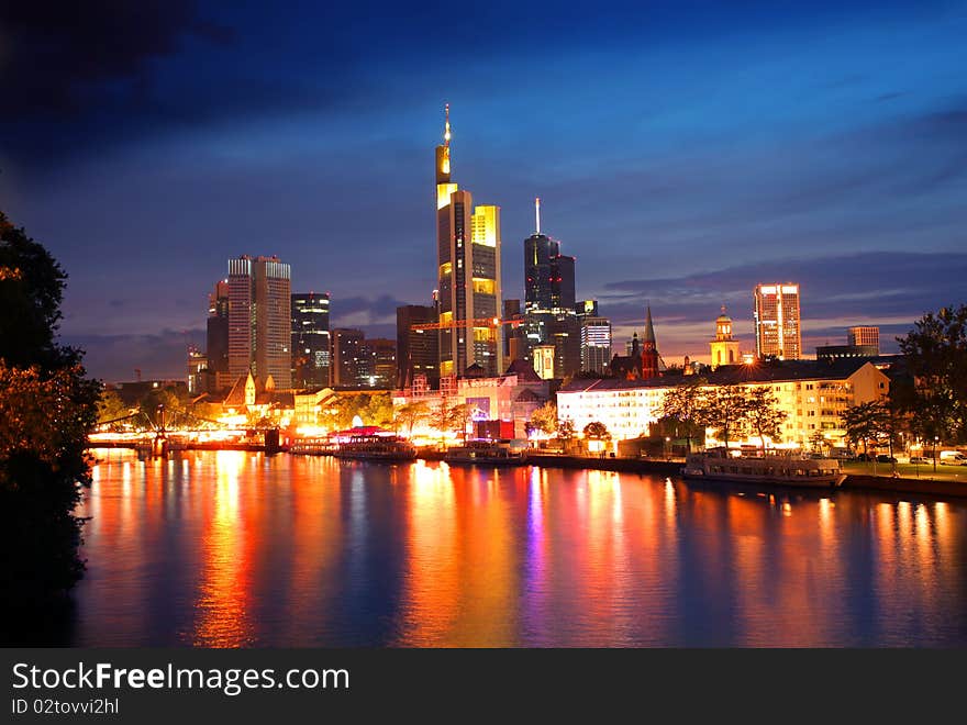 View of the skyline of Frankfurt by night. View of the skyline of Frankfurt by night