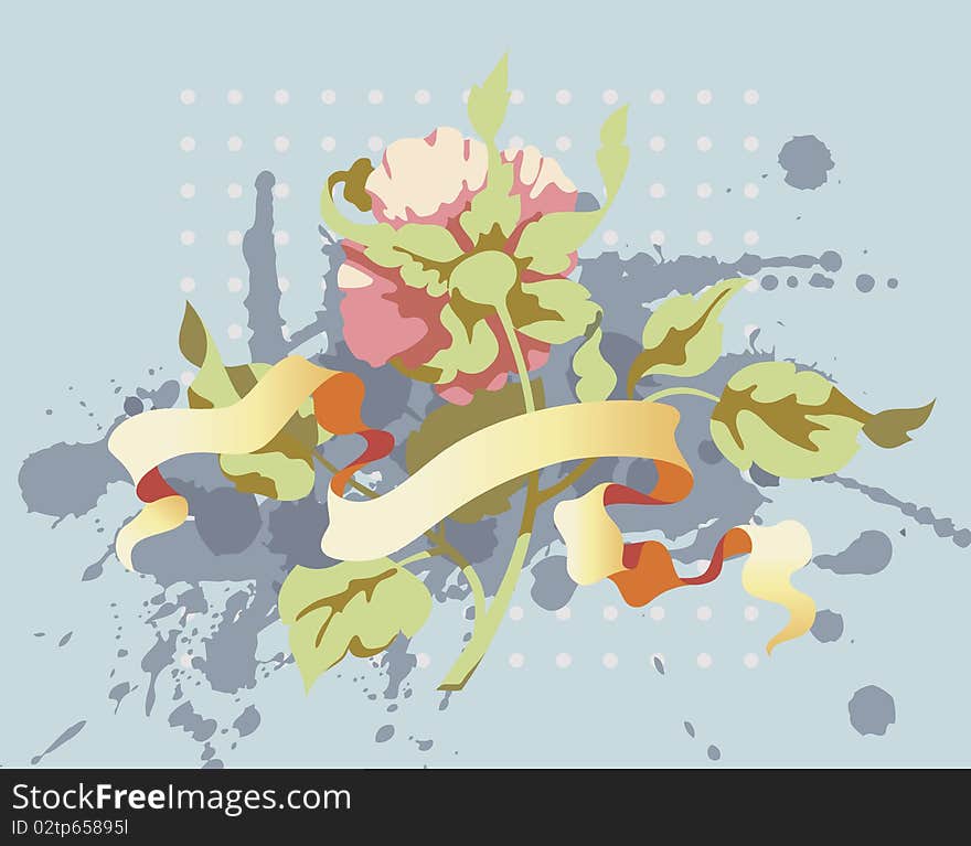 Rose and a banner on grunge background with ink splashes, vector illustration. Rose and a banner on grunge background with ink splashes, vector illustration