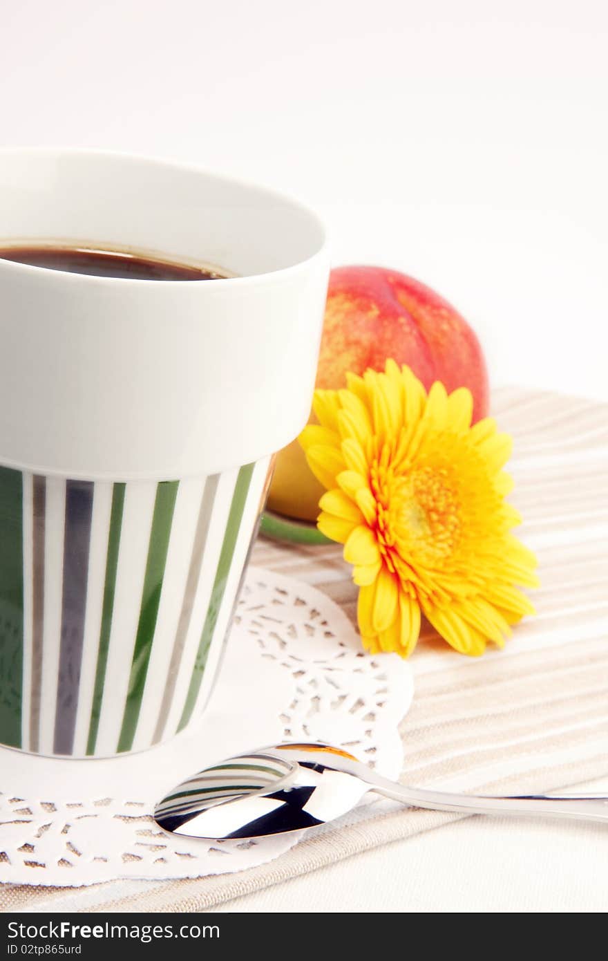 Morning coffee & fruit on a breakfast table