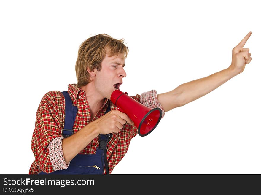 Young handcrafter with megaphone isoladet on white background. Young handcrafter with megaphone isoladet on white background