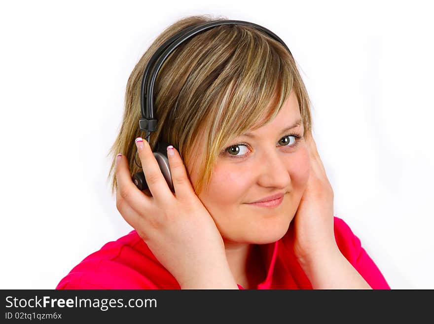 Young woman with headset on white background. Shot in studio. Young woman with headset on white background. Shot in studio.