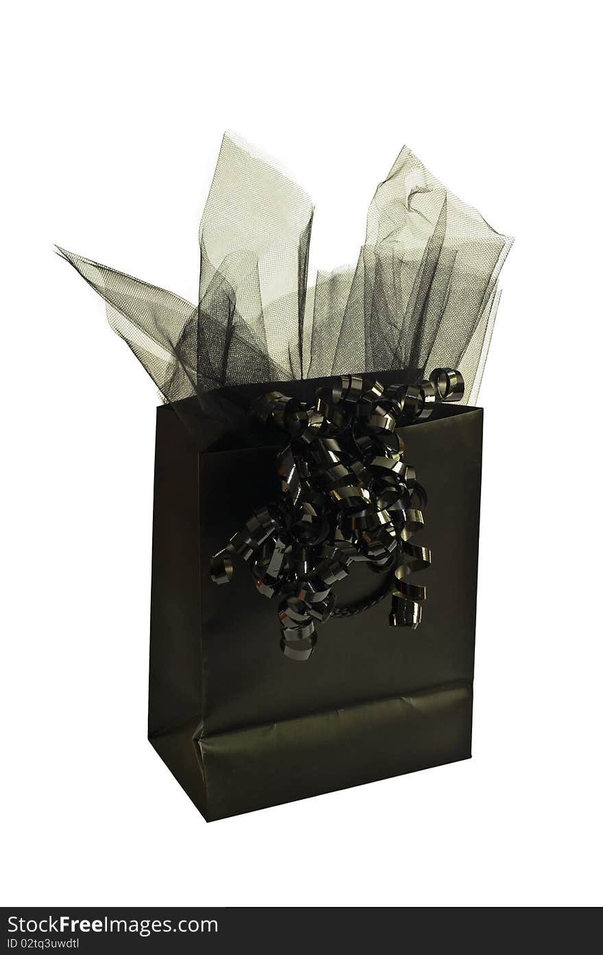 A Black gift bag with black netting and ribbon isolated on a white background can be used for Halloween.