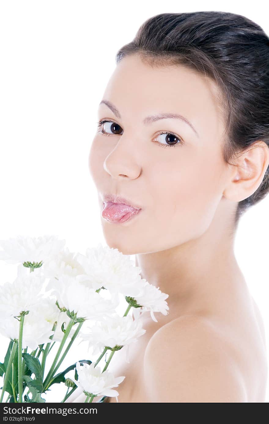 Young sexy woman with a white flower.