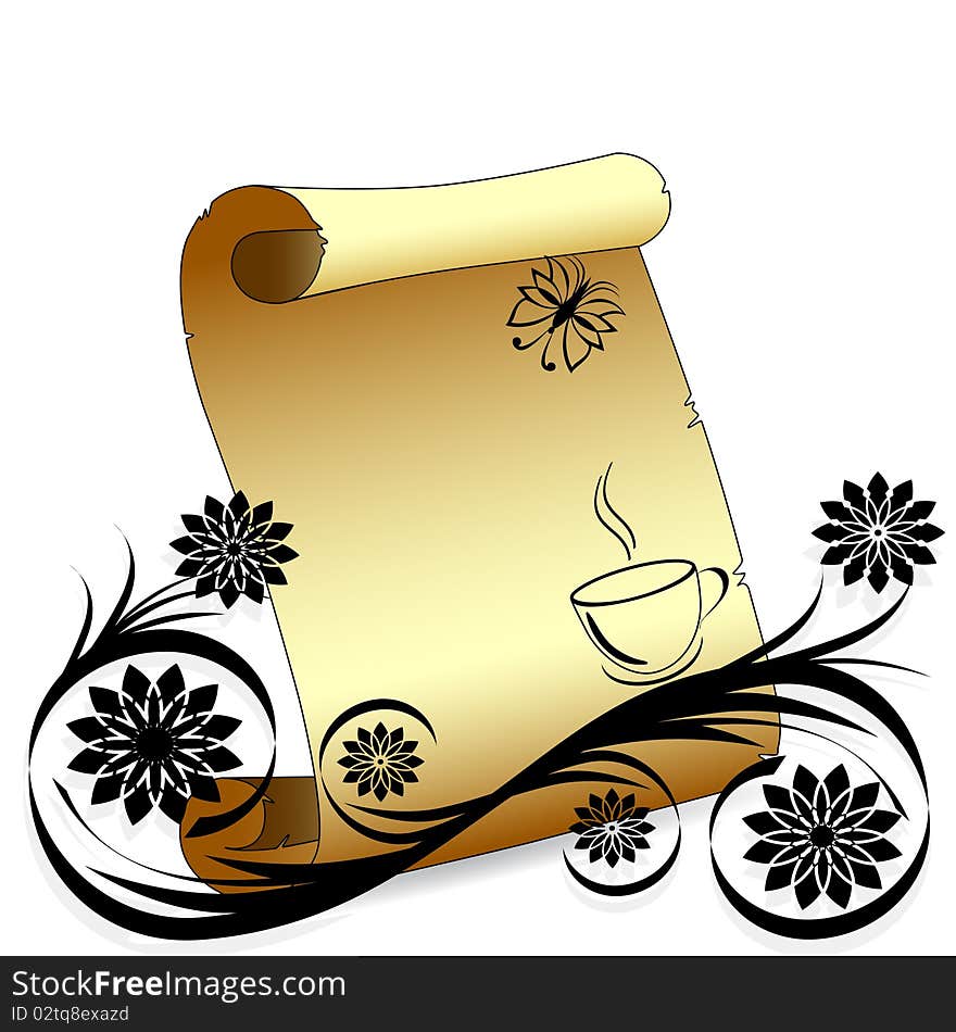 vector illustration of an old scroll paper with flower ornament and a cup of coffee