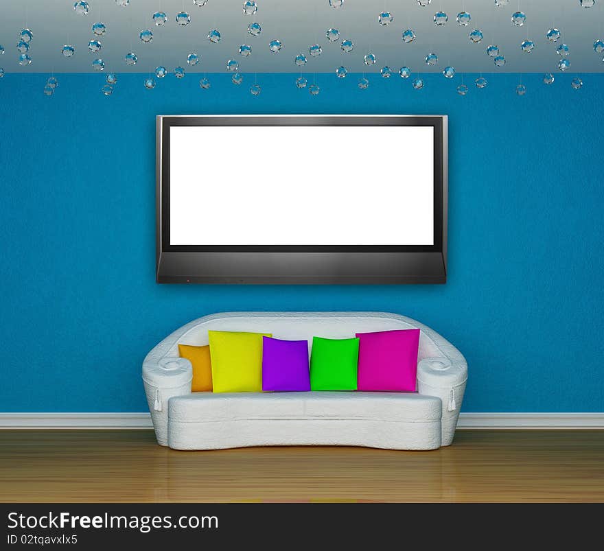 Living room with white couch with LCD tv