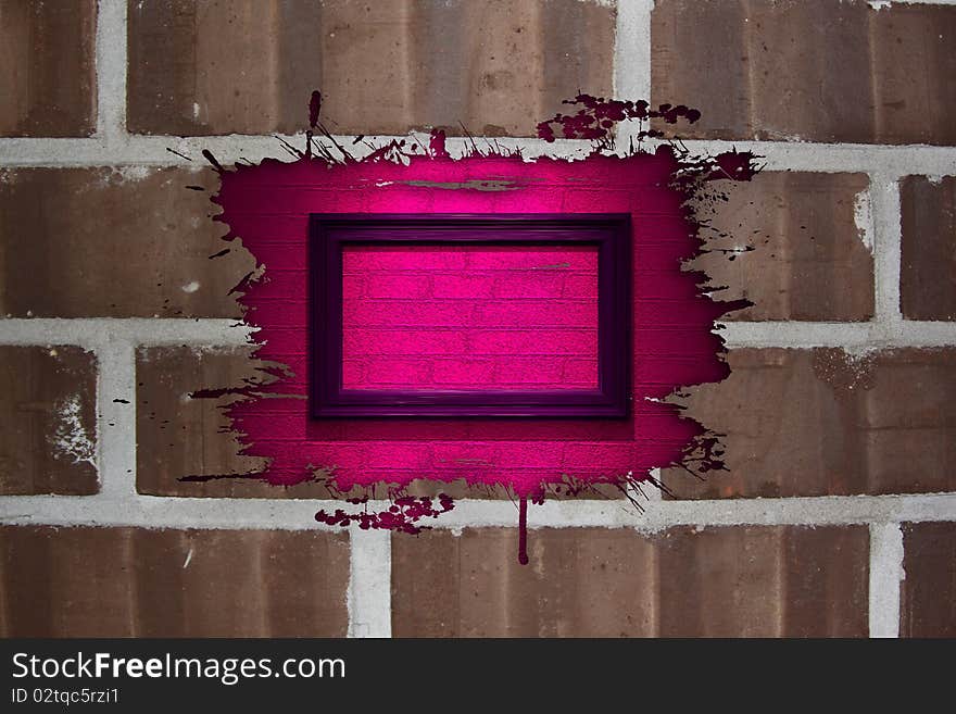 Brick wall for backgrounds with pink splash frame. Brick wall for backgrounds with pink splash frame