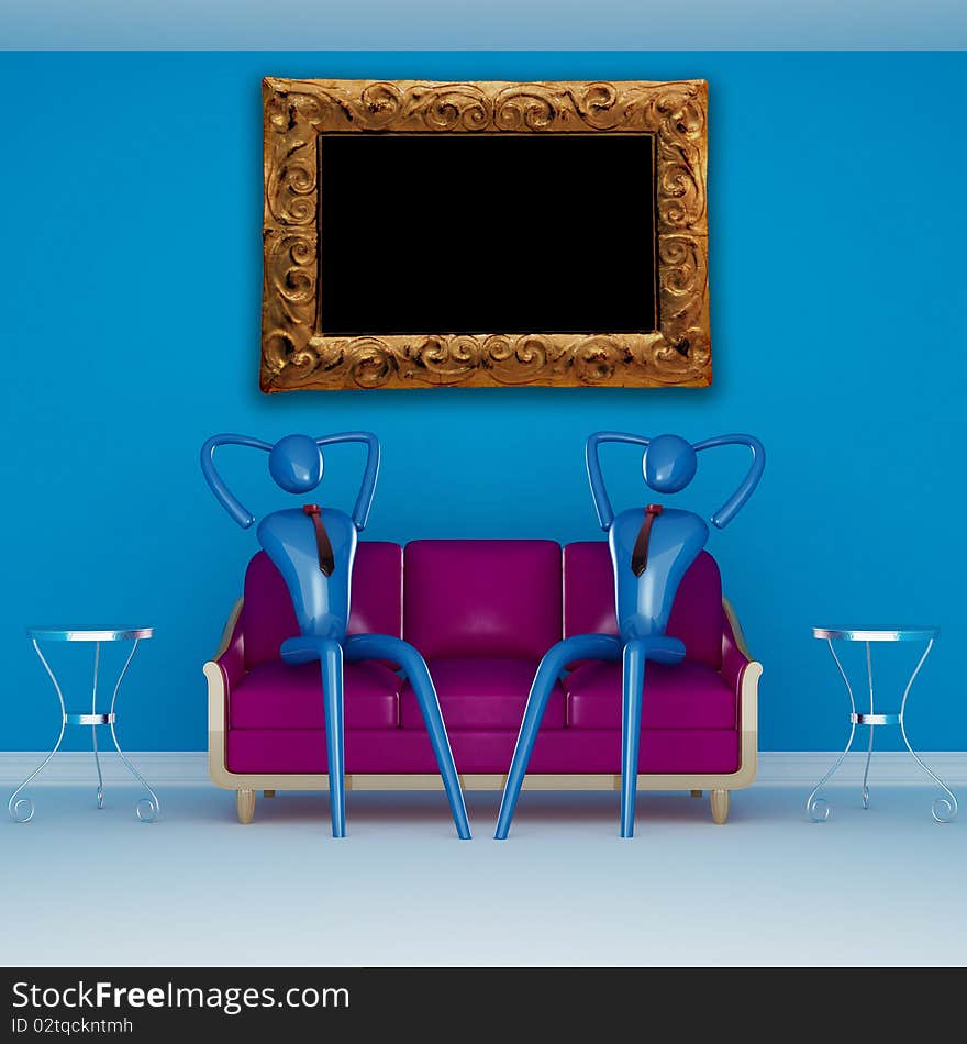 The persons relaxing on the purple couch in blue minimalist interior with modern frame