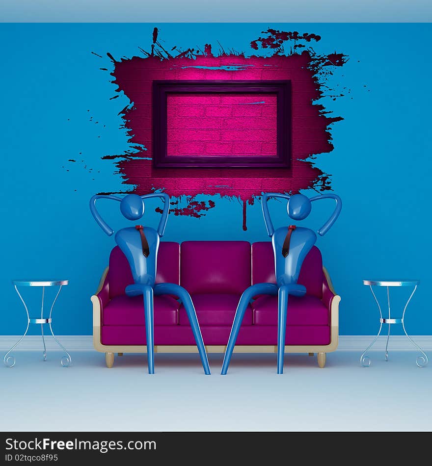 The persons relaxing on the purple couch in blue minimalist interior with splash hole