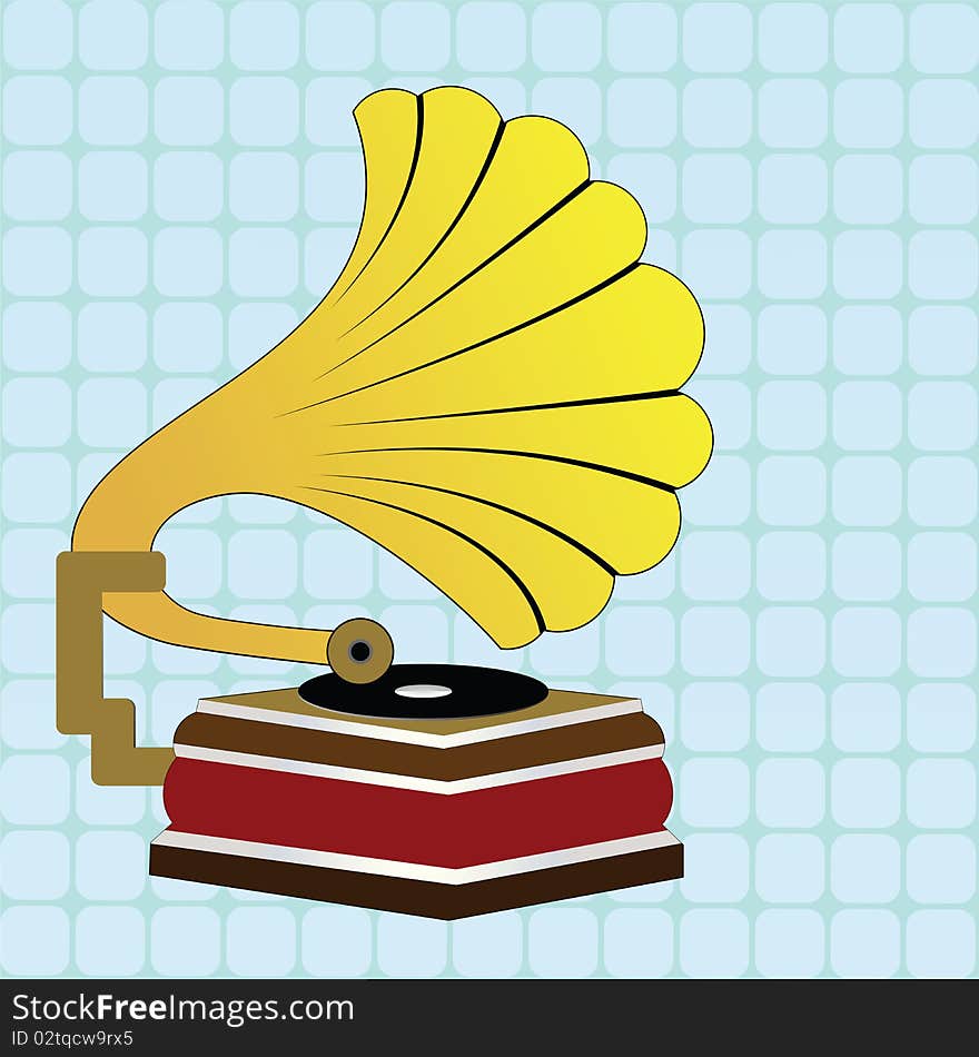 Vintage gramophone with patterened background retro colors