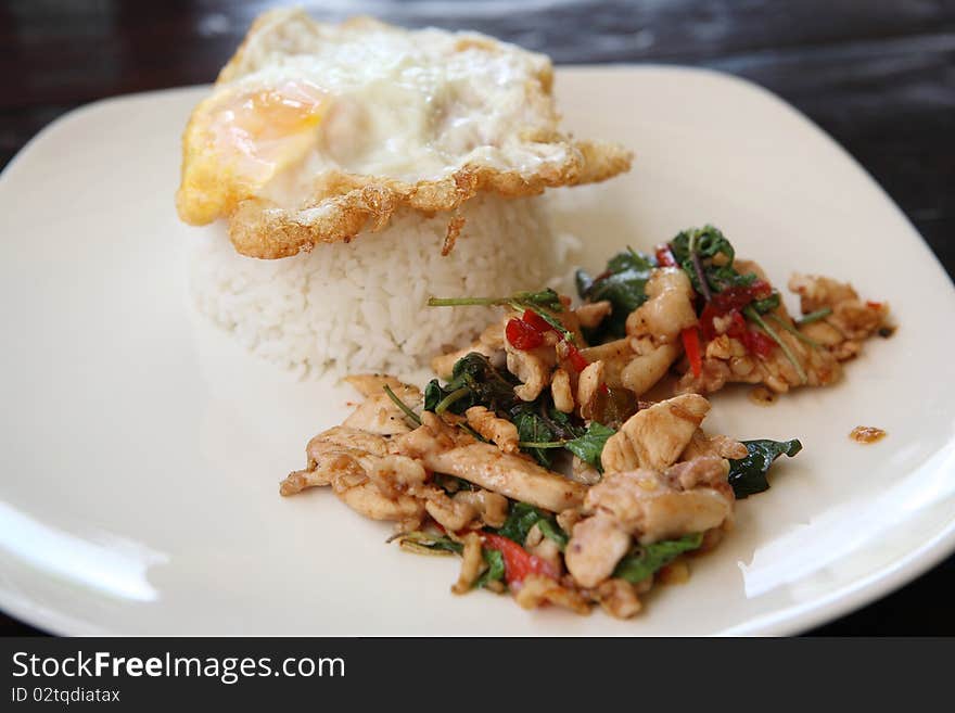 Rice with Basil pork chicken and fired egg on top