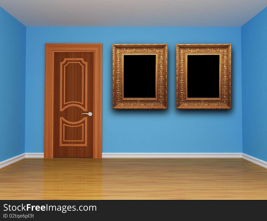 Blue empty room with door and picture frames. Blue empty room with door and picture frames