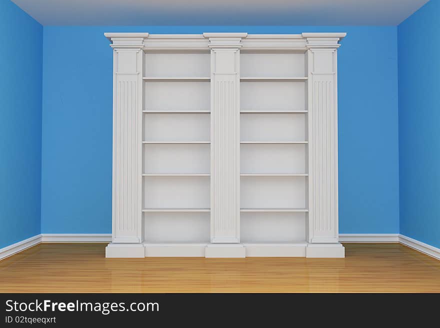 Bookshelf in blue minimalist interior