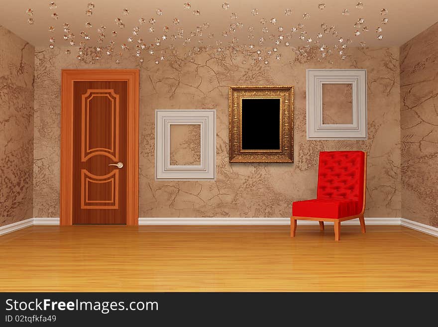 Room With Door, Red Chair And Picture Frames