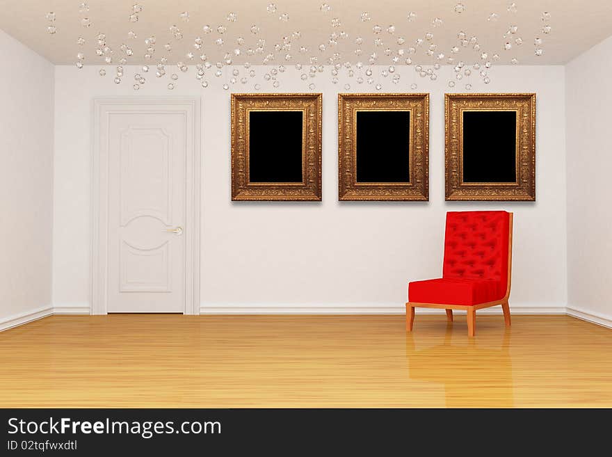 Empty room with door, red chair and golden picture