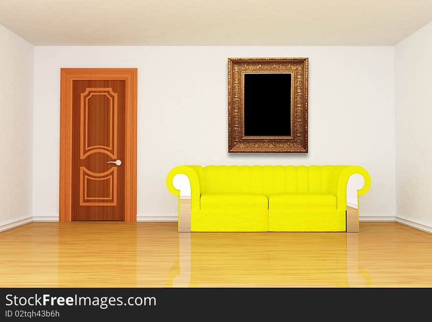 Minimalist living room with yellow couch and modern picture frame. Minimalist living room with yellow couch and modern picture frame