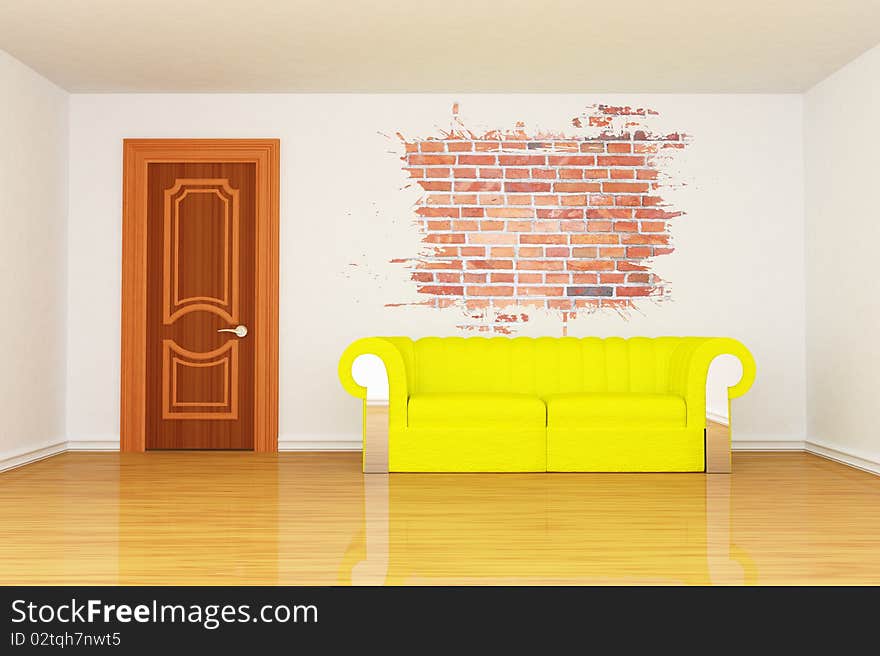 Minimalist living room with yellow couch and splash hole in the wall