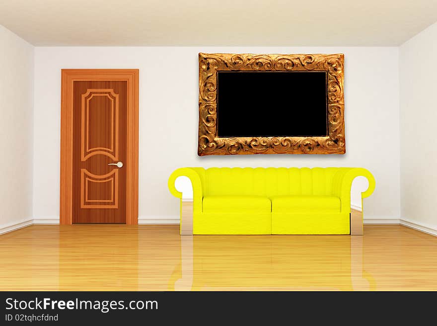 Room with yellow couch and modern picture frame