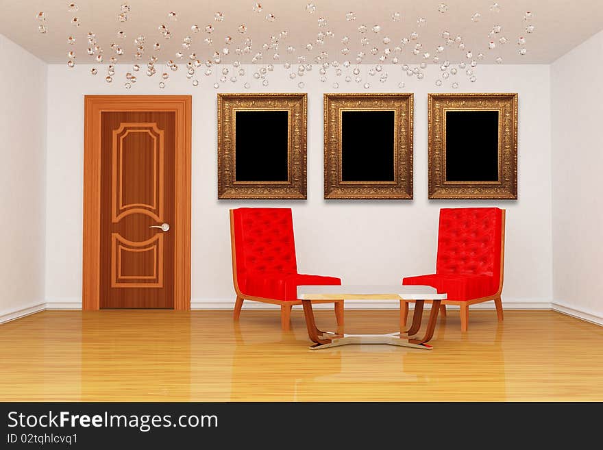 Room with red chairs with table and picture frames. Room with red chairs with table and picture frames