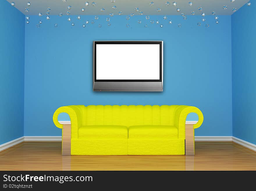 Living room with yellow couch and LCD tv