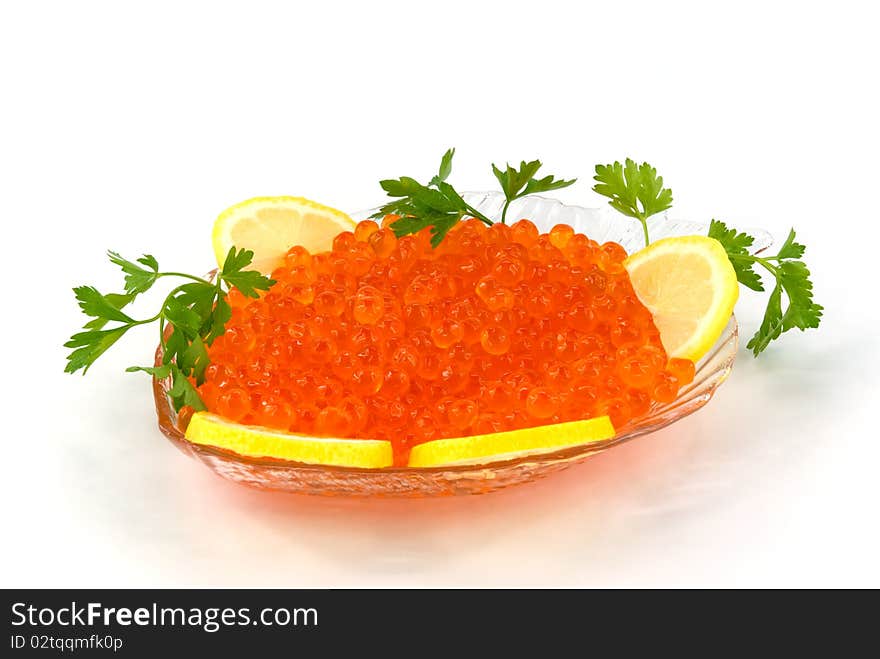 Red caviar in glass bowl