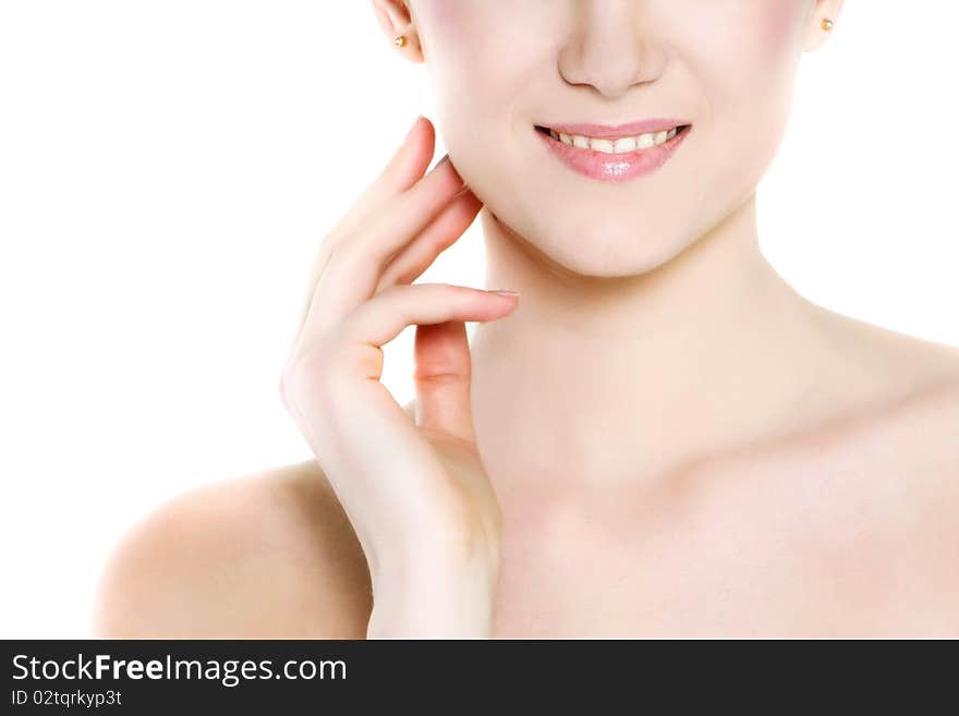 Close up portrait of young beautiful woman over white