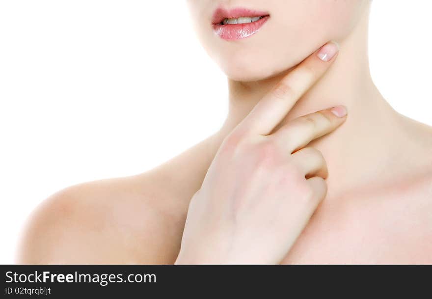 Close up portrait of young beautiful woman over white